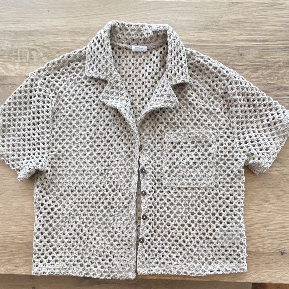 Cotton On Beige Crochet Open-Knit Button-Up Collared Short Sleeve Top Women's 4